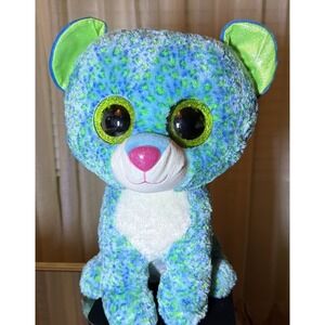 Ty Beanie Boo 2014 Leona  16" Pink Blue Green Cheetah Leopard With Glitter Eyes